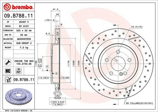 brembo BRAKE DISC MERCEDES BENZ CLAクラス X117(シューティングブレーク) 117952 2015/06〜 リア左右セット 09.B788.11