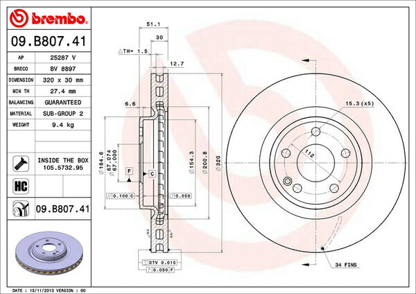brembo BRAKE DISC MERCEDES BENZ GLAクラス X156 156946 2014/05〜 フロント左右セット 09.B807.41
