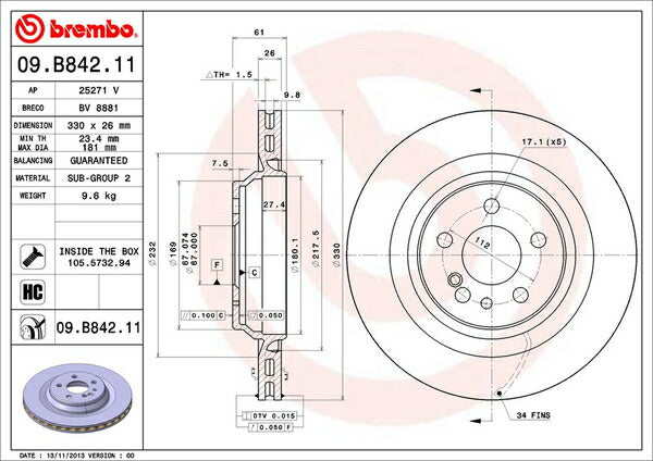 brembo BRAKE DISC MERCEDES BENZ Sクラス W220 220176 2002/11〜2005/09 リア左右セット 09.B842.11