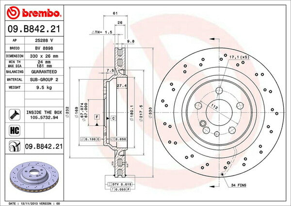 brembo BRAKE DISC MERCEDES BENZ Sクラス W220 220074/220174 2002/11〜2006/04 リア左右セット 09.B842.21