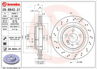 brembo BRAKE DISC MERCEDES BENZ Sクラス W220 220074/220174 2002/11〜2006/04 リア左右セット 09.B842.21