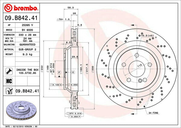 brembo BRAKE DISC MERCEDES BENZ SL R230 230472 2006/11〜2012/03 リア左右セット 09.B842.41