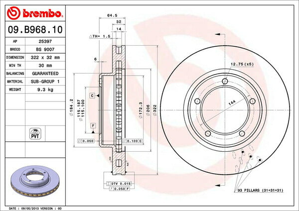brembo BRAKE DISC トヨタ ランドクルーザー/ランドクルーザーシグナス GRJ76K/GRJ79K 2014/08〜2015/07 フロント左右セット 09.B968.11
