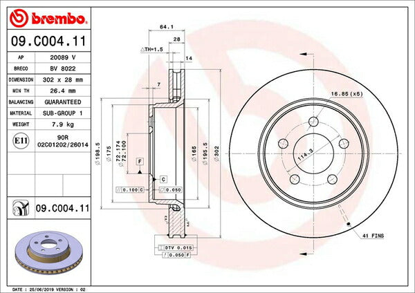 brembo BRAKE DISC JEEP チェロキー KK37 2008/06〜2014/04 フロント左右セット 09.C004.11