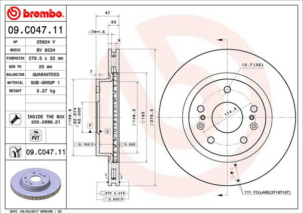 brembo BRAKE DISC スズキ SX4 Sクロス YA22S/YB22S 2015/02〜 フロント左右セット 09.C047.11