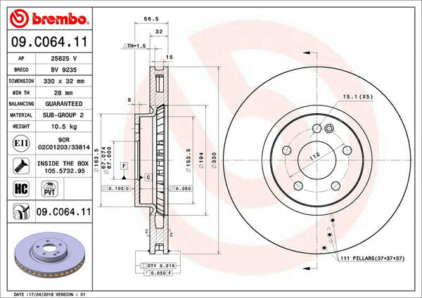 brembo BRAKE DISC MERCEDES BENZ W447 447813 2018/10〜 フロント左右セット 09.C064.11