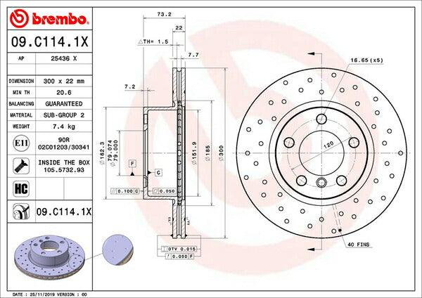 brembo XTRA BRAKE DISC BMW 3シリーズ F30(セダン) 3B20 2012/04〜2015/08 フロント左右セット 09.C114.1X