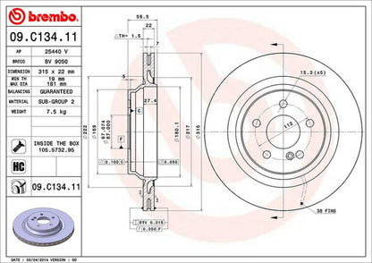brembo BRAKE DISC MERCEDES BENZ Sクラス W220 220178 2000/05〜2002/10 リア左右セット 09.C134.11