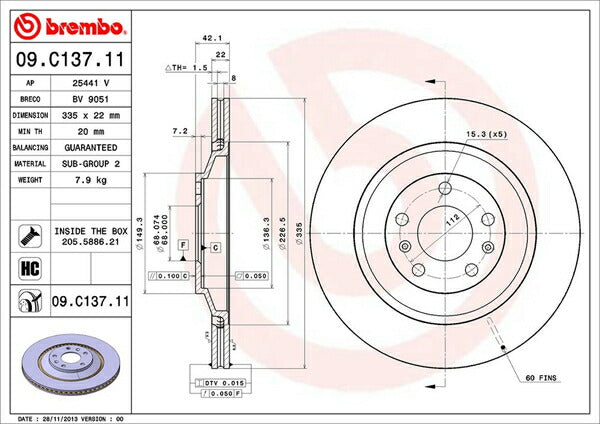 brembo BRAKE DISC AUDI A8 4EBPKF 2005/06〜2010/12 リア左右セット 09.C137.11