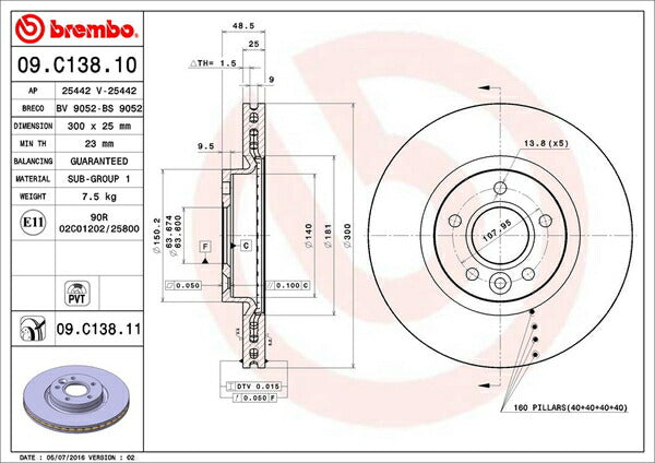 brembo BRAKE DISC VOLVO V40 MB4164T 2013/02〜 フロント左右セット 09.C138.11
