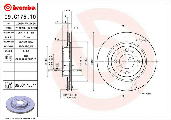 brembo BRAKE DISC ミツビシ アイミーブ HA3W/HA4W 2009/06〜 フロント左右セット 09.C175.11