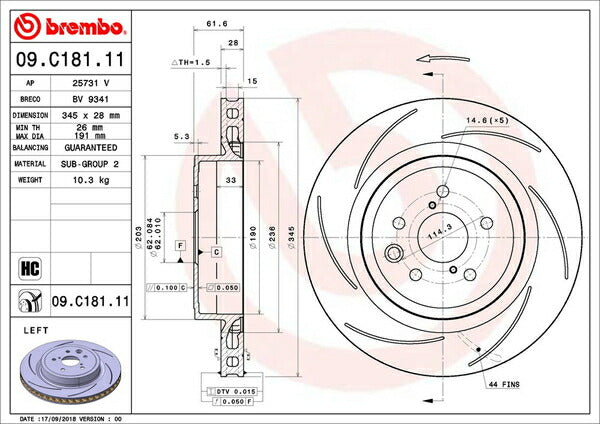 brembo BRAKE DISC レクサス RC F USC10 2014/09〜 リア左右セット 09.C181.11