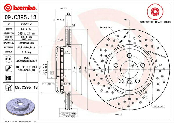 brembo BRAKE DISC BMW 3シリーズ F31(ツーリング) 8E15 2016/10〜 リア左右セット 09.C395.13