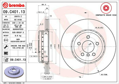 brembo BRAKE DISC BMW 3シリーズ F30(セダン) 8E20 2016/01〜 リア左右セット 09.C401.13