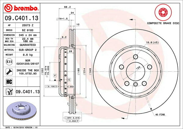 brembo BRAKE DISC BMW 3シリーズ F31(ツーリング) 8E15 2016/10〜 リア左右セット 09.C401.13