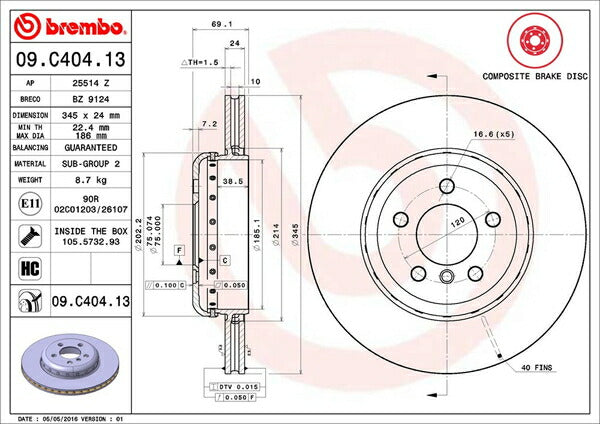 brembo BRAKE DISC BMW 5シリーズ F10(セダン) FR44/KN44 2010/03〜 リア左右セット 09.C404.13