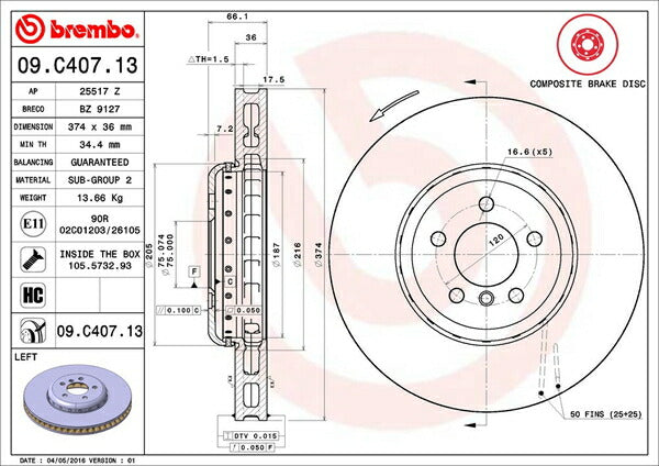brembo BRAKE DISC BMW 7シリーズ F02 KB44 2009/10〜2012/08 フロント左右セット 09.C407.13