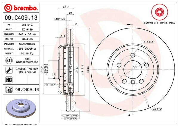 brembo BRAKE DISC BMW 6シリーズ F13(クーペ) LW30C 2011/10〜 フロント左右セット 09.C409.13