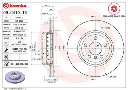 brembo BRAKE DISC BMW 5シリーズ F10(セダン) FW20 2012/08〜 フロント左右セット 09.C410.13