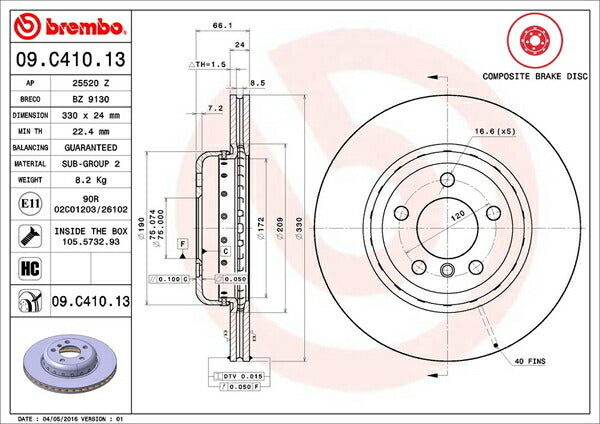 brembo BRAKE DISC BMW 5シリーズ F10(セダン) FP25/XG20 2010/07〜 フロント左右セット 09.C410.13