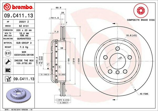 brembo BRAKE DISC BMW 5シリーズ F10(セダン) FP25/XG20 2010/07〜 リア左右セット 09.C411.13