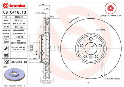 brembo BRAKE DISC BMW 7シリーズ F01 YA44 2012/09〜 フロント左右セット 09.C416.13
