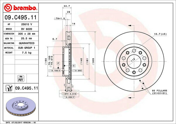 brembo BRAKE DISC ALFA ROMEO ジュリア 95220 2017/10〜2019/09 フロント左右セット 09.C495.11