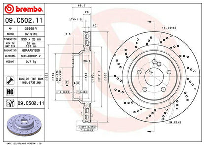 brembo BRAKE DISC MERCEDES BENZ CLSクラス W219 219376 2005/02〜2006/08 リア左右セット 09.C502.11