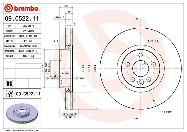 brembo BRAKE DISC VOLVO XC60 DB525XC/DB420XC 2015/07〜2017/10 フロント左右セット 09.C522.11