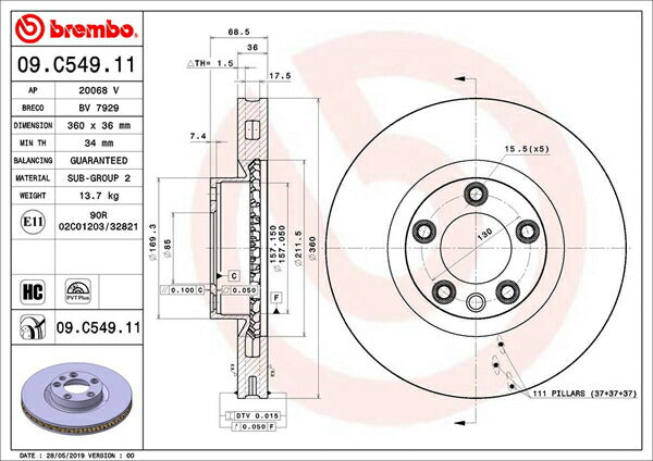 brembo BRAKE DISC PORSCHE カイエン 92AM48 2010/03〜2014/07 フロント左右セット 09.C549.11