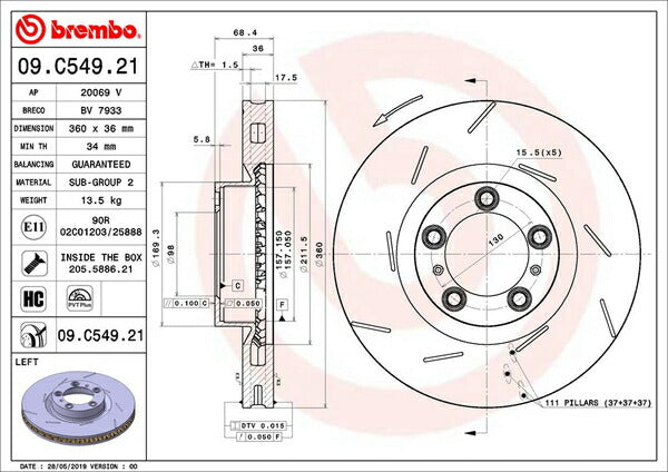 brembo BRAKE DISC PORSCHE パナメーラ 970M46 2009/07〜2013/03 フロント左右セット 09.C549.21