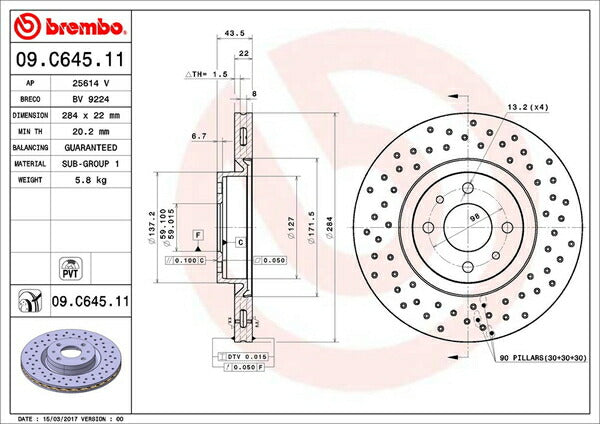 brembo BRAKE DISC ABARTH 500 312141/312142 2008/08〜2011/05 フロント左右セット 09.C645.11