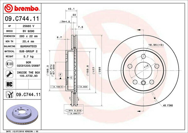 brembo BRAKE DISC MINI F55/F56 XM12/XS12/XM15/XN15/XN15M/XR15/XR15M/XS15/XT15/XT15M/XU15/XU15M 2014/04〜 フロント左右セット 09.C744.11