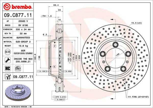 brembo BRAKE DISC PORSCHE 911 997M9701/997M9701K 2004/08〜2008/06 フロント左右セット 09.C877.11