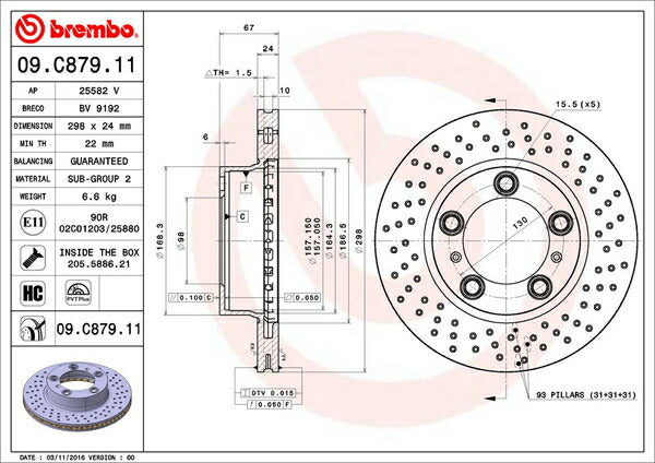 brembo BRAKE DISC PORSCHE ボクスター 987 2007/12〜2008/10 フロント左右セット 09.C879.11
