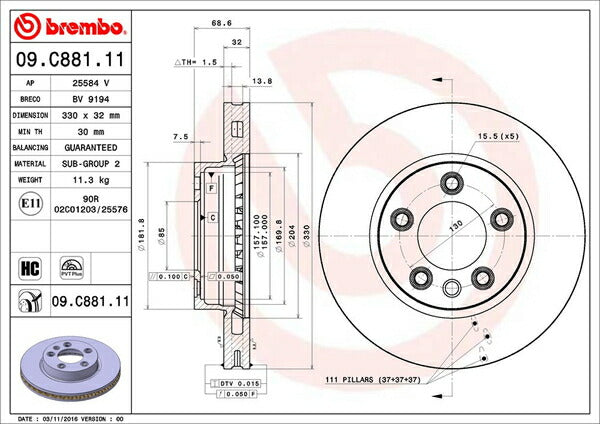 brembo BRAKE DISC VOLKSWAGEN トゥアレグ 7PCGRS/7PCGRA/7PCGEA 2011/02〜 フロント左右セット 09.C881.11