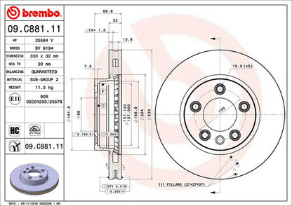 brembo BRAKE DISC VOLKSWAGEN トゥアレグ 7PCGRS/7PCGRA/7PCGEA 2011/02〜 フロント左右セット 09.C881.11