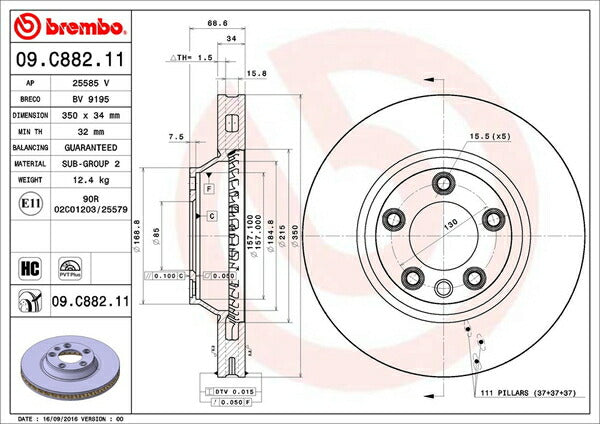 brembo BRAKE DISC VOLKSWAGEN トゥアレグ 7LBJNA 2005/07〜2011/01 フロント左右セット 09.C882.11