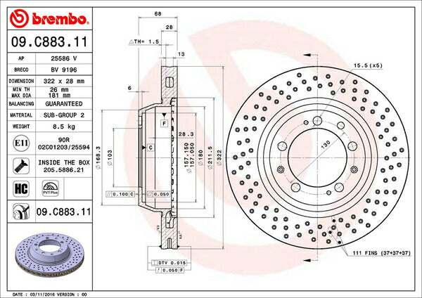 brembo BRAKE DISC PORSCHE 911 993C4S 1996〜1998 リア左右セット 09.C883.11