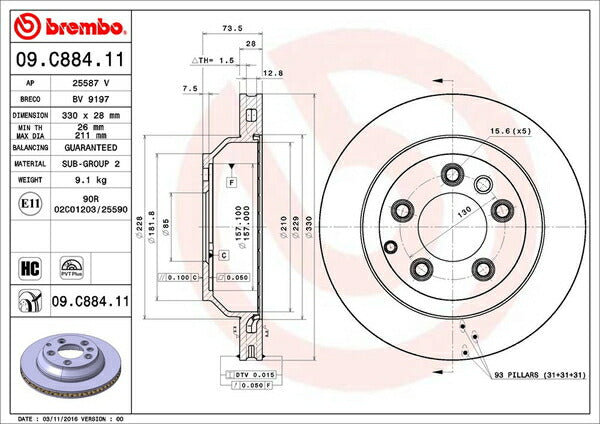 brembo BRAKE DISC VOLKSWAGEN トゥアレグ 7LBJNA 2005/07〜2011/01 リア左右セット 09.C884.11