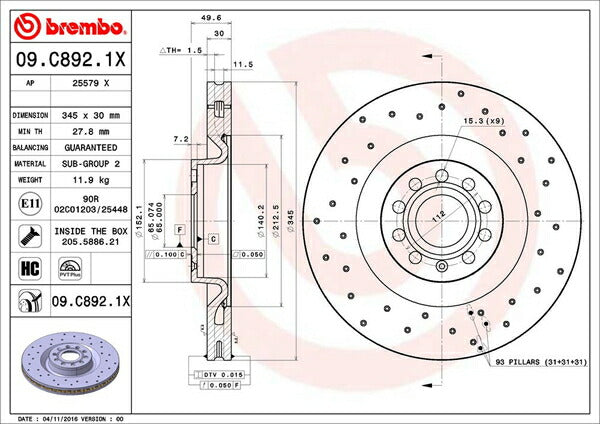 brembo XTRA BRAKE DISC VOLKSWAGEN ゴルフVI 1KCDLF 2010/03〜2013/04 フロント左右セット 09.C892.1X