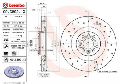 brembo XTRA BRAKE DISC VOLKSWAGEN シロッコ 13CDL 2010/02〜 フロント左右セット 09.C892.1X