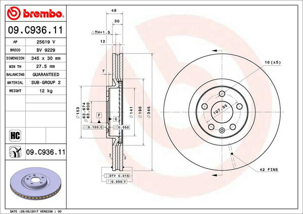 brembo BRAKE DISC VOLVO S90 PB420 2017/12〜 フロント左右セット 09.C936.11