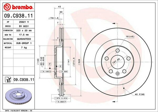 brembo BRAKE DISC VOLVO XC90 LB420XC/LB420XCP 2016/01〜 リア左右セット 09.C938.11