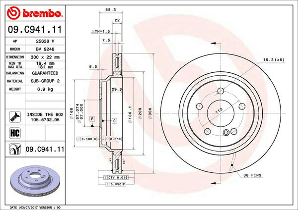 brembo BRAKE DISC MERCEDES BENZ SL R230 230458 2008/05〜2012/03 リア左右セット 09.C941.11
