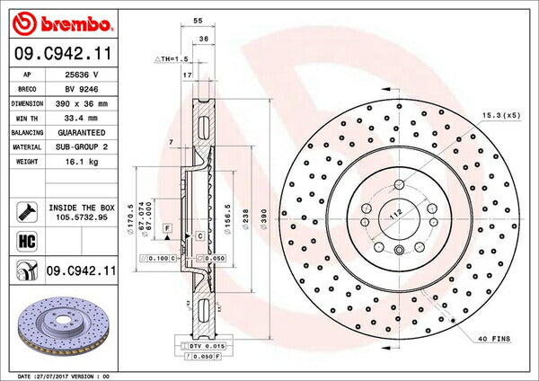 brembo BRAKE DISC MERCEDES BENZ Mクラス W164 164177 2006/10〜2012/06 フロント左右セット 09.C942.11