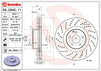 brembo BRAKE DISC MERCEDES BENZ Sクラス W220 220074/220174 2002/11〜2006/04 フロント左右セット 09.C943.11