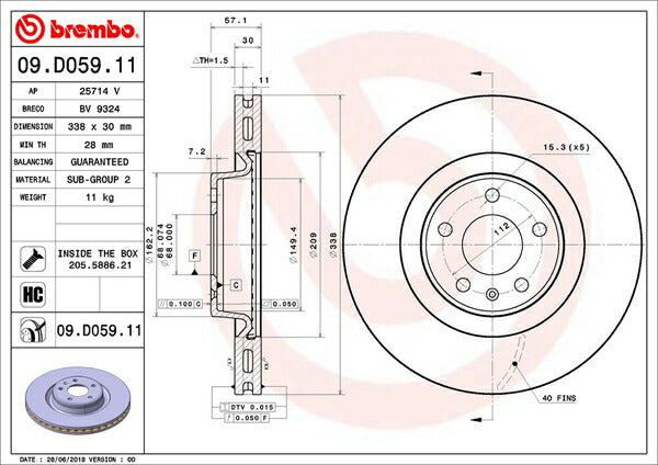 brembo BRAKE DISC AUDI A4オールロードクワトロ 8WCYRA 2016/09〜 フロント左右セット 09.D059.11