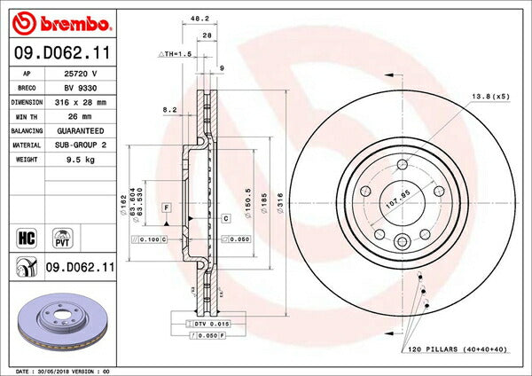 brembo BRAKE DISC JAGUAR XE JA2GA 2014/10〜 フロント左右セット 09.D062.11
