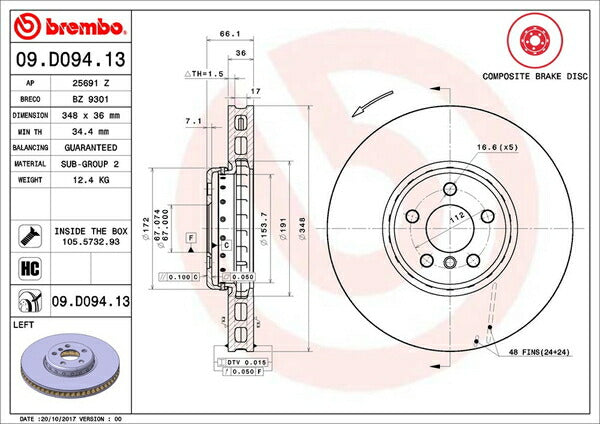 brembo BRAKE DISC BMW G30 JA20P 2017/02〜 フロント左右セット 09.D094.13
